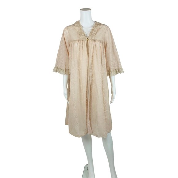 Vintage 60s Lace Robe Beige Pink Nylon Babydoll Deadstock Lingerie - Picture 1 of 10
